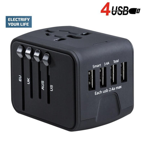 Travel Adapter International Power Adapter All-In-One With 3.4A 4 USB Worldwide Wall Charger For UK/EU/AU/Asia